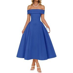 Women's Royal-blue Elegant Off Shoulder Short Sleeve Swing A Line Midi Dress